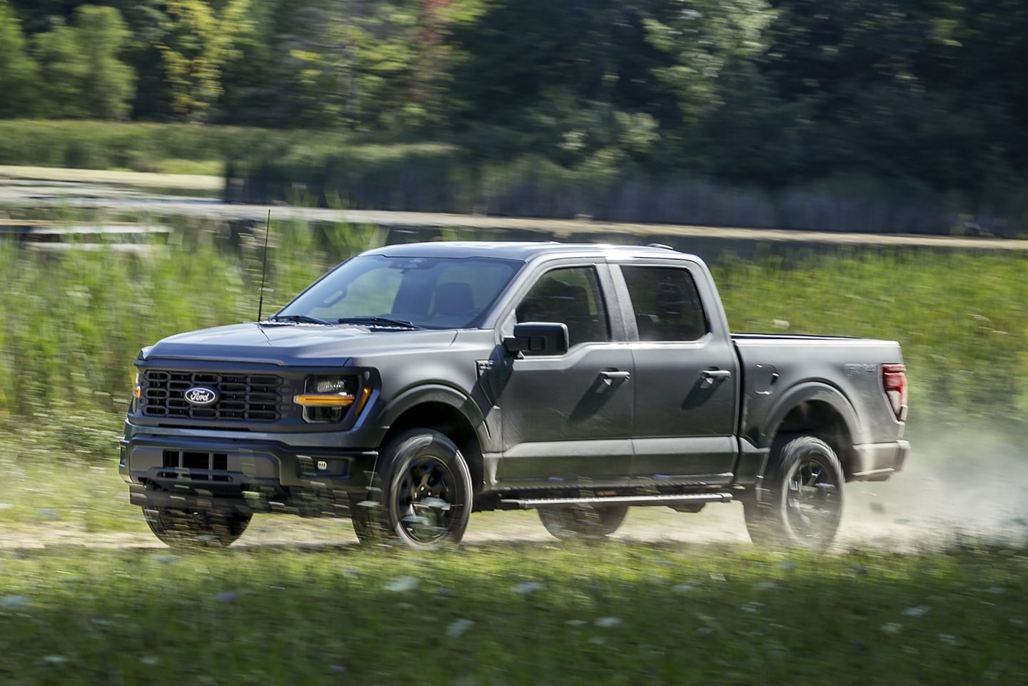 A gray Ford F-150 kicking up dirt as it drives down a dirt road in a field.